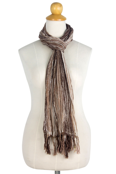 Cotton batik scarf, 'Cocoa Paths' - Hand Crafted Striped Batik Scarf in Brown Shades