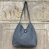 Lapis Geometry,'Leather Accent Cotton Blend Hobo Bag in Lapis and White