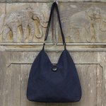Cotton hobo bag with coin purse, 'Surreal Blue' - Navy Blue Cotton Hobo Bag with Coin Purse and Multi Pockets
