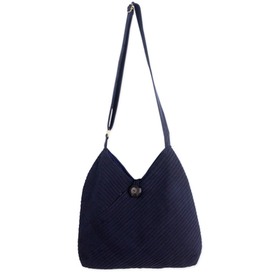 Cotton hobo bag with coin purse, 'Surreal Blue' - Navy Blue Cotton Hobo Bag with Coin Purse and Multi Pockets