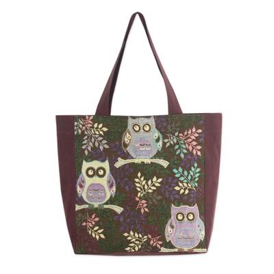 Cotton blend tote bag, 'Playful Owls' - Thai Owls Cotton Blend Tote Shoulder Bag in Brown