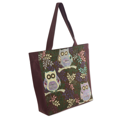 Cotton blend tote bag, 'Playful Owls' - Thai Owls Cotton Blend Tote Shoulder Bag in Brown