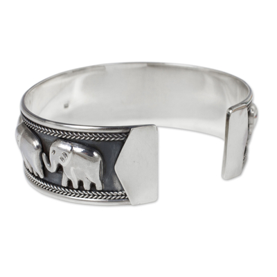 Sterling silver cuff bracelet, 'Grand Elephant Parade' - Artisan Crafted Sterling Silver Elephant Cuff Bracelet