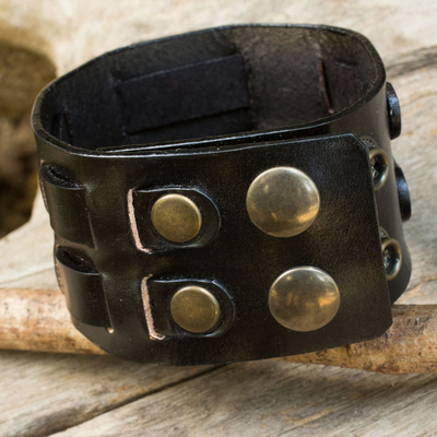 Men's leather wristband bracelet, 'Rugged Weave in Black' - Black Leather Wristband Bracelet for Men Artisan Jewelry