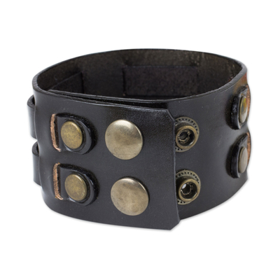 Men's leather wristband bracelet, 'Rugged Weave in Black' - Black Leather Wristband Bracelet for Men Artisan Jewelry