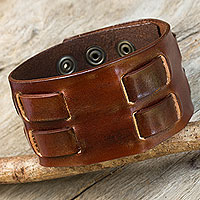Men's leather wristband bracelet, 'Rugged Weave in Brown'