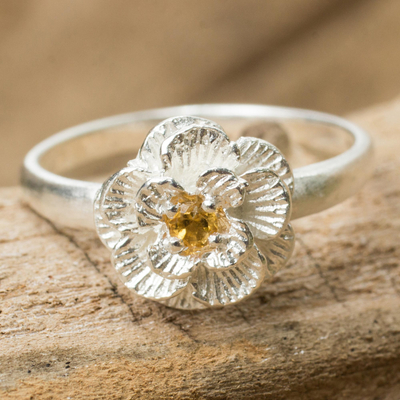 Citrine flower ring, 'Lamphun Jasmine' - Feminine Sterling Silver Floral Ring with Citrine