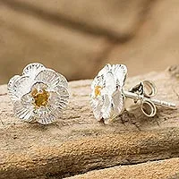 Citrine button earrings, 'Lamphun Jasmine' - Thai Handcrafted Citrine and Sterling Silver Floral Earrings