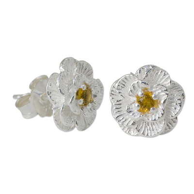 Citrine button earrings, 'Lamphun Jasmine' - Thai Handcrafted Citrine and Sterling Silver Floral Earrings