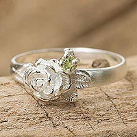 Peridot flower ring, 'Chiang Rai Camellia' - Artisan Crafted Peridot Floral Ring from Thailand