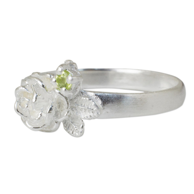 Peridot flower ring, 'Chiang Rai Camellia' - Artisan Crafted Peridot Floral Ring from Thailand