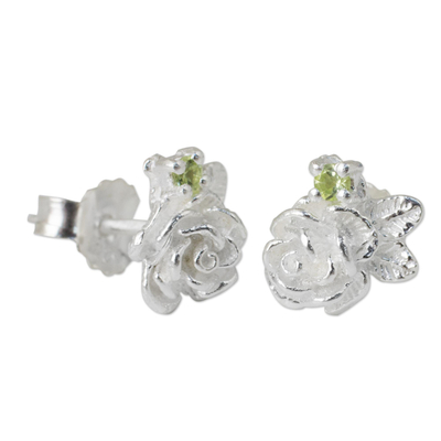 Peridot button earrings, 'Chiang Rai Camellia' - Thailand Artisan Crafted Floral Silver and Peridot Earrings