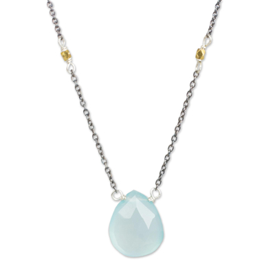 Blue chalcedony pendant necklace, 'Joy Within' - Chalcedony Necklace with Sterling Silver and Gold Accents