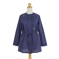 Cotton tunic, 'Starlit Sky' - Blue Cotton Tunic with Hand Embroidered Cotton Stars
