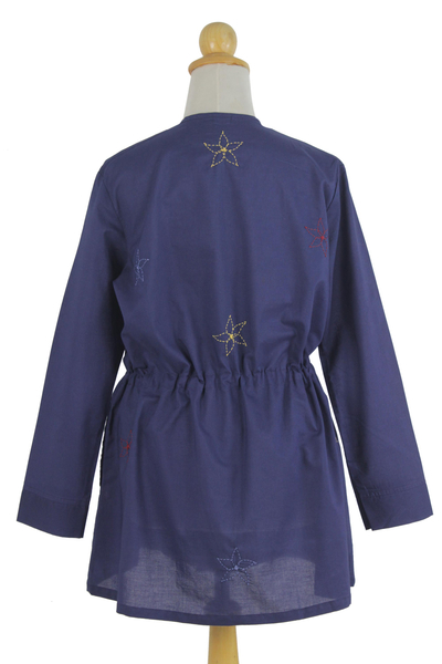 Cotton tunic, 'Starlit Sky' - Blue Cotton Tunic with Hand Embroidered Cotton Stars
