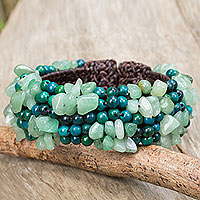 Serpentine and quartz beaded bracelet, 'Boho Nature' - Serpentine and Green Quartz Beaded Wristband Bracelet