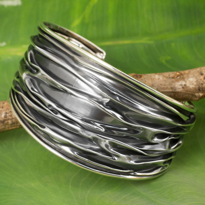 Sterling silver cuff bracelet, 'Wide River' - Textured Sterling Silver Cuff Bracelet Crafted by Hand
