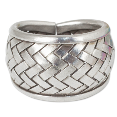 Silver band ring, 'Weaving Fantasies' - Modern Silver Band Ring with Woven Textures Crafted by Hand