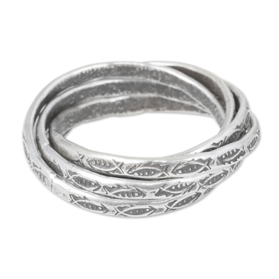 Silver band rings, 'Five Karen Rivers' (set of 5) - Five Interlinked Fish Theme Hill Tribe Silver Rings