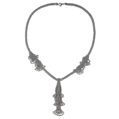 Sterling silver Y necklace, 'Regal Cascade' - Ornate Sterling Silver 925 Ball Chain Y Necklace