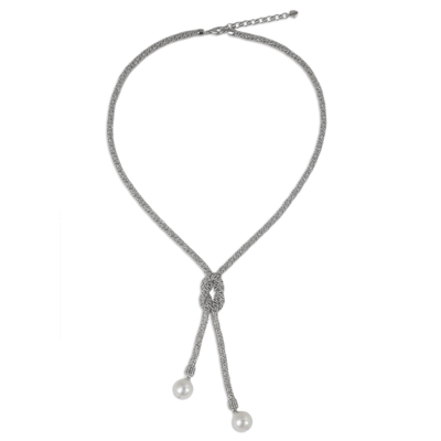 Cultured pearl and sterling silver lariat necklace, 'Lovely Lasso' - Unique Lariat Necklace with Cultured Pearls and Silver