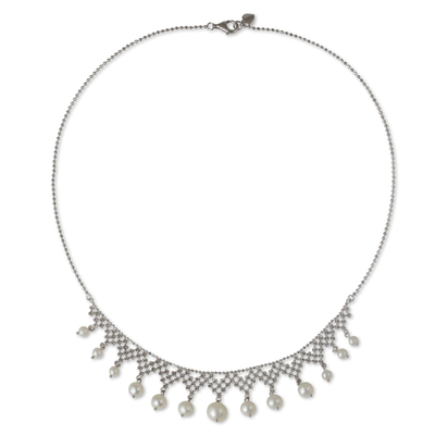 Cultured pearl collar necklace, 'Magnificent Lace' - Collar Style Necklace with Cultured Pearls and Silver