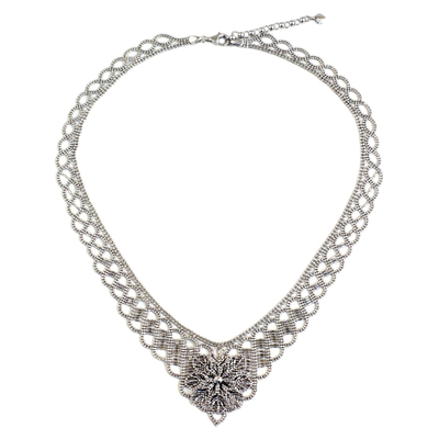 Sterling silver statement necklace, 'Delicate Blossom' - Artisan Crafted Sterling Silver Floral Statement Necklace