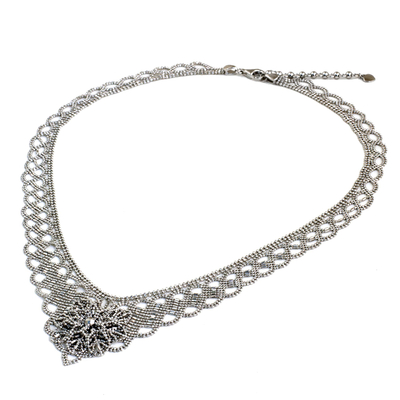 Sterling silver statement necklace, 'Delicate Blossom' - Artisan Crafted Sterling Silver Floral Statement Necklace