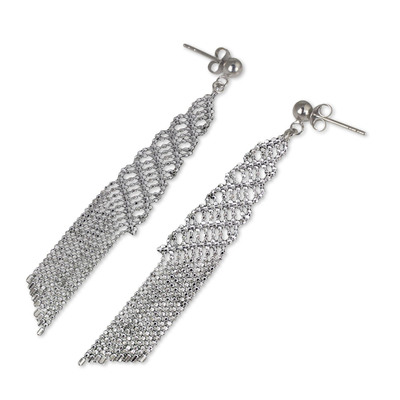 Pendientes cascada de plata de primera ley - Aretes estilo cascada elaborados con cadena de bolitas de plata