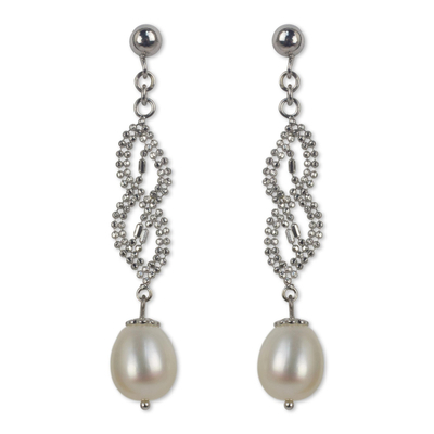 Cultured pearl and sterling silver dangle earrings, 'Serpentine Charm' - Unique Dangle Earrings with Sterling Silver Chain and Pearls