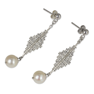 Cultured pearl dangle earrings, 'Modern Muse' - Contemporary Pearl Dangle Earrings in Sterling Silver