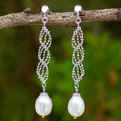 Modern Sterling Silver Pearl Drop Earrings