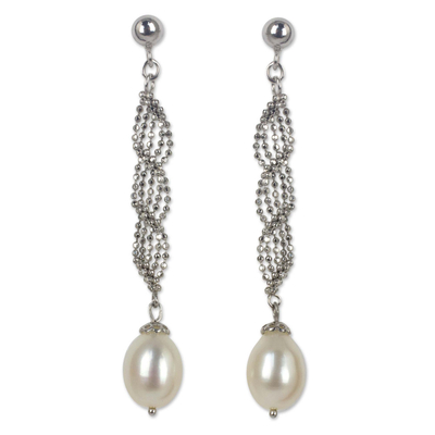 Cultured pearl dangle earrings, 'Modern Macrame' - Artisan Designed Sterling Silver Dangle Earrings with Pearls