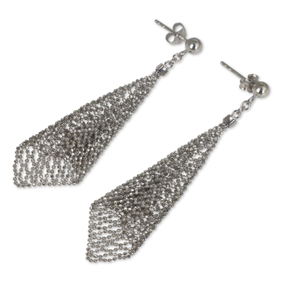 Sterling silver dangle earrings, 'Sparkling Cornets' - Hand Crafted Sterling Silver Bead Chain Dangle Earrings