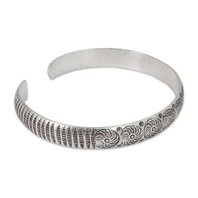 Silver cuff bracelet, 'Karen Whirlwind' - Hand Stamped Karen Hill Tribe Artisan Silver Cuff Bracelet