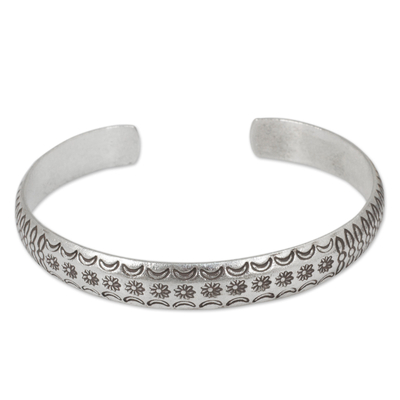 Silver cuff bracelet, 'Karen Flower Garland' - Karen Hill Tribe Artisan Silver Floral Theme Cuff Bracelet