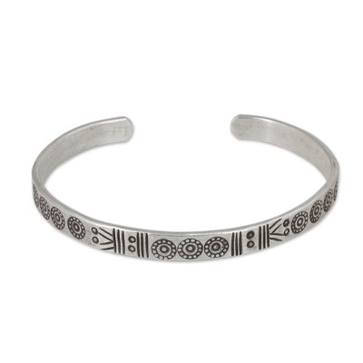 Silver cuff bracelet, 'Ancestral Symbols' - Thailand Karen Hill Tribe Stamped Cuff Bracelet in Silver