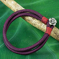 Silver accent silk cord bracelet, 'Purple Karen Blossom'