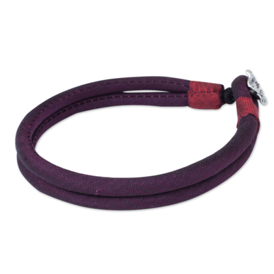 Silver accent silk cord bracelet, 'Purple Karen Blossom' - Handmade Purple Silk Bracelet with Hill Tribe Silver Charm