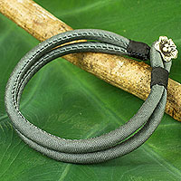 Silver accent silk cord bracelet, 'Grey Karen Blossom' - Thai Grey Silk Handcrafted Bracelet with Hill Tribe Silver