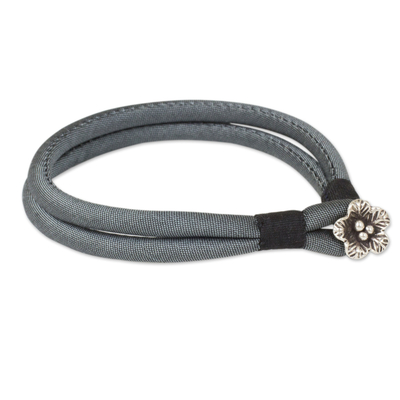 Silver accent silk cord bracelet, 'Grey Karen Blossom' - Thai Grey Silk Handcrafted Bracelet with Hill Tribe Silver
