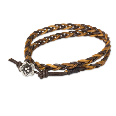 Silver accent leather wrap bracelet, 'Brown Shadow Paths' - Hand Braided Silver Accent Brown Leather Wrap Bracelet