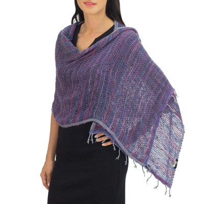 Cotton shawl, 'Breeze of Blue Purple' - Hand Woven Cotton Shawl Thai Blue Purple Wrap