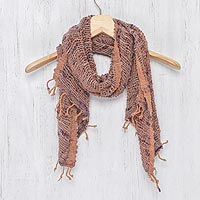 Cotton shawl, 'Breeze of Brown Purple' - Hand Spun Cotton Shawl Wrap in Brown Purple and Pink