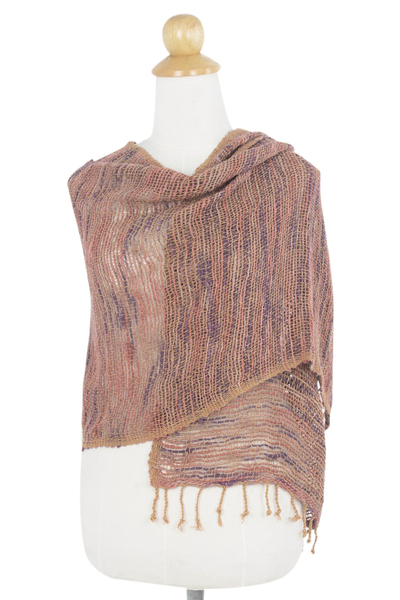 Cotton shawl, 'Breeze of Brown Purple' - Hand Spun Cotton Shawl Wrap in Brown Purple and Pink