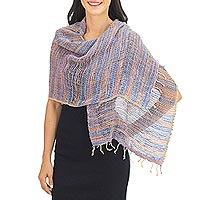 Cotton shawl, 'Breeze of Blue Pink' - Blue Pink and Brown Hand Woven Cotton Shawl Thai Wrap