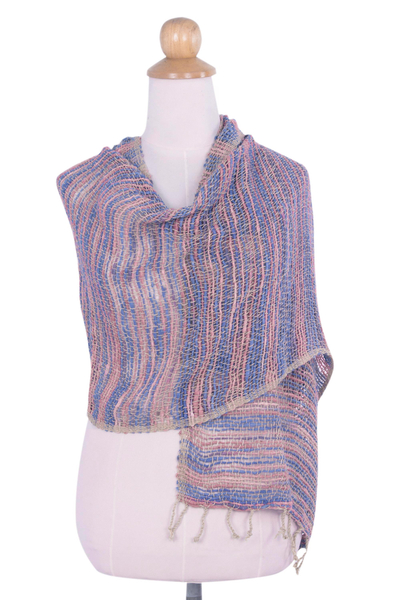 Cotton shawl, 'Pastel Breeze' - Blue Pink and Brown Hand Woven Cotton Shawl Thai Wrap
