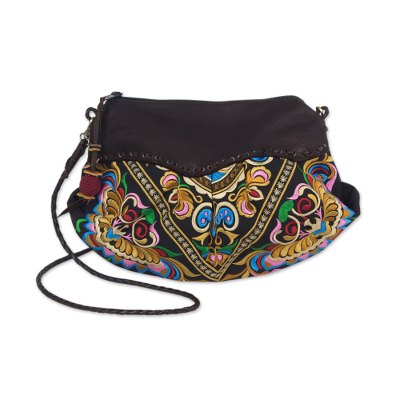 Leather accent shoulder bag, 'Espresso Mandarin Garden' - Embroidered Leather Accent Multicolour Handbag