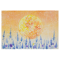 'My Home II' - Watercolor Monoprint of Blood Moon and Blue Grass