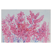 „My Home IV“ – Vögel auf Kirschblüten-Aquarell-Monodruck aus Thailand